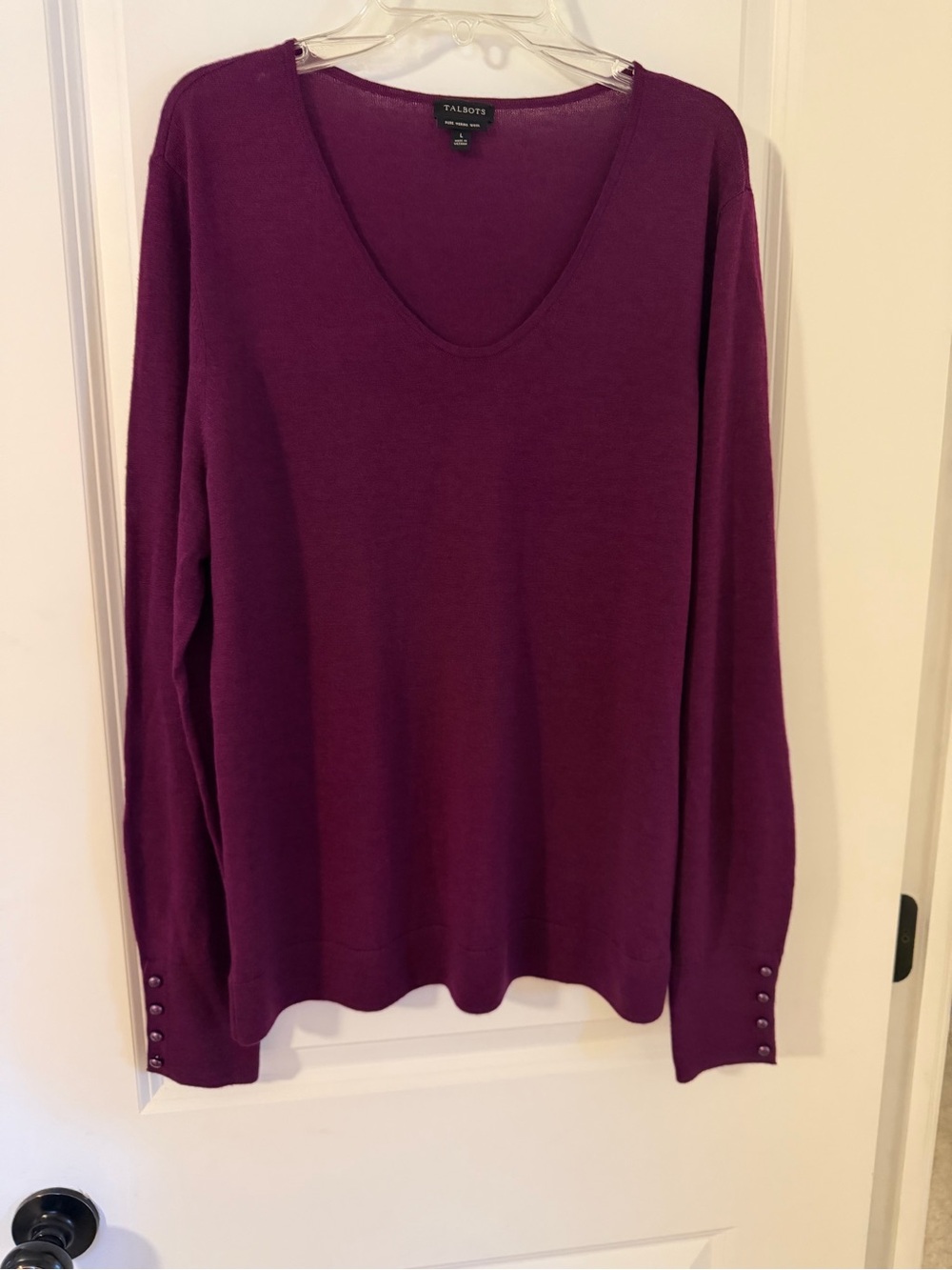 Talbots Plum V-Neck Long Sleeve Merino Wool Sweater, Size L